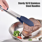Doosu Kitchen Tongs for Cooking - 600°F Heat Resistant Food Tong Set with Non-Scratch Silicone Tips, Heavy Duty Stainless Steel Locking Tong for BBQ, Grilling Steak, Serving (7+9+12in, Navy Blue)