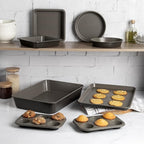Goodful All-In-One Nonstick Bakeware Set, Stackable and Space Saving Design includes Round and Square Pans, Muffin Pans, Cookie Sheet and Roaster, Dishwasher Safe, 8-Piece, Graphite