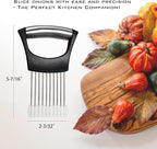 Stainless Steel Onion Slicer Holder – Multi-Purpose Kitchen Safety Tool for Onions|Potatoes|Tomatoes|Apples|Lemons Slicing, Ergonomic ABS Handle, Easy Clean, Uniform Slices, 2 PACK