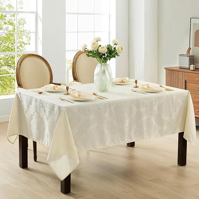 Newbridge Barcelona Luxury Damask Fabric Tablecloth, 60” Wide x 102” Rectangle, Antique White, 100% Polyester, No Iron, Soil Resistant Dining Room, Party and Banquet Table Cover