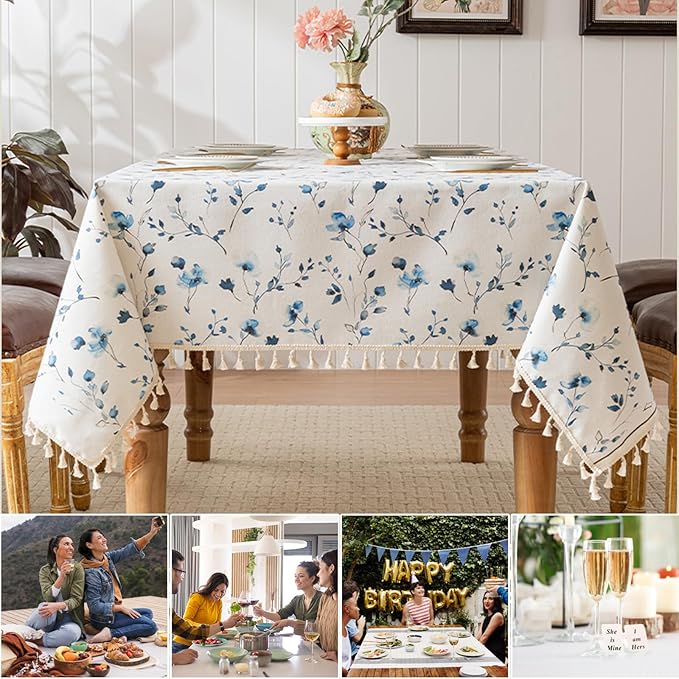 Rectangle Tablecloth Pastoral Style, Waterproof & Stain Resistant Table Cloth Wrinkle Free Table Cover for Dining/Kitchen/Patio, Washable Indoor & Outdoor Use, 55"X86" Blue