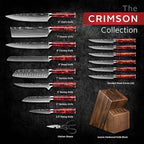 SENKEN 16-Piece Natural Acacia Wood Kitchen Knife Block Set - Japanese Chef's Knife Set with Laser Damascus Pattern, Includes Steak Knives, Kitchen Shears, Santoku, Cleaver & More (Red Resin Handles)