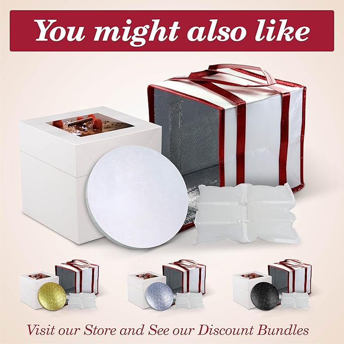 Cakebon Cake Boxes with Boards - 10 Inch Round Cake Drum Silver - Box With Window for Birthdays, Weddings and Parties (1pc Each, 2pcs Total)
