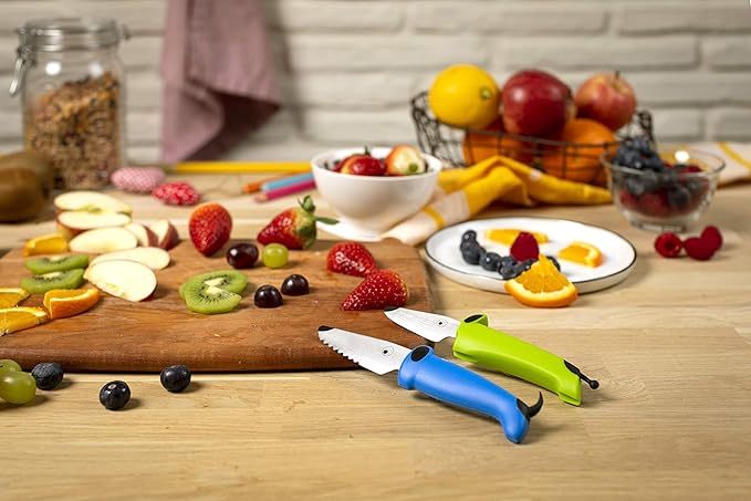 Kuhn Rikon Kinderkitchen® Kids Chef Knife Set With Scissors, 3 Pieces, Green/Blue/White| Cutting Tools Made for Real Cooking | Child Friendly Animal Designs With Hand Guard & Snipper Cover For Safety