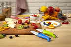 Kuhn Rikon Kinderkitchen® Kids Chef Knife Set With Scissors, 3 Pieces, Green/Blue/White| Cutting Tools Made for Real Cooking | Child Friendly Animal Designs With Hand Guard & Snipper Cover For Safety