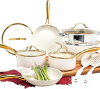 GOTHAM STEEL 15 Pc Ceramic Cookware Set, Ceramic Pots and Pans Set Non Stick with Cooking Utensils and Steamer, Non Toxic PFOA PFOS Free, Premium Gold Stay Cool Handles, Oven & Dishwasher Safe