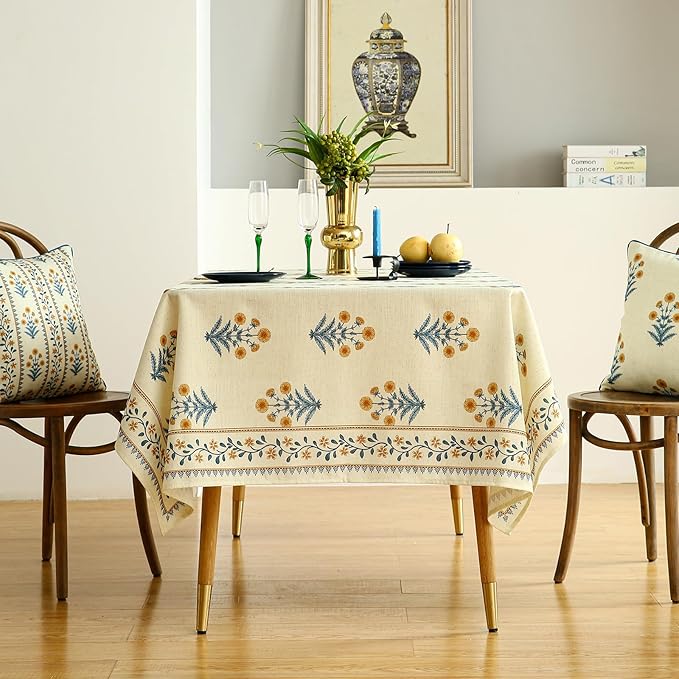 ISAENNE Designer French Pale Yellow Small Rectangular Tablecloth,Linen Floral Table Cloth,Wrinkle Resistant Decor Tablecloths for Dining Thanksgiving Banquet Kitchen Party,55"*71"-Estevan A