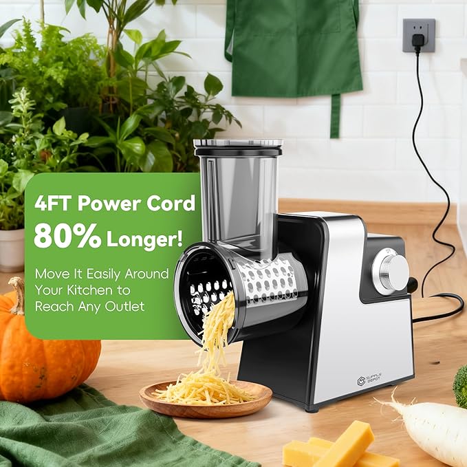 Electric Cheese Grater 7 in 1, Stainless Steel Salad Shooter, Electric Food Slicer Shredder Chopper with Rotary Switch, Automatic Grater for Block Cheese Vegetables Cucumber Carrots, 300W Salad Maker
