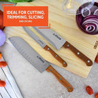 IMUSA 3pc Knife Set with Wood Handle, 8” Chef Knife, 7” Santoku Knife & 5” Utility Knife, Sharp Kitchen Knives for Cooking, Stainless Steel Blade