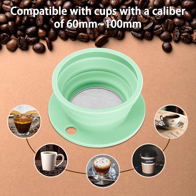 2 Pieces Collapsible Paperless Travel Pour Over Coffee Dripper Kit, Single Cup Travel Pour Over Coffee Maker Camping, Portable Silicone PourOver Coffee Filter Reusable (Purple+Green)