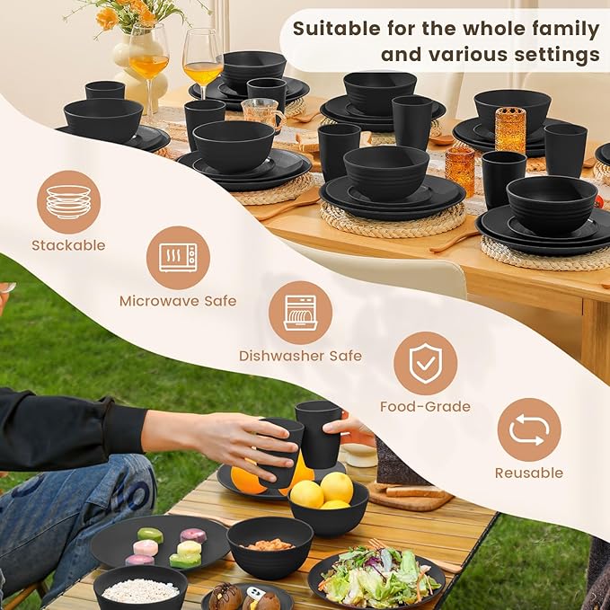 Homienly 40-Pieces Wheat Straw Dinnerware Set, Kitchen Plastic Wheat Straw Dinnerware Set - Service for 8, Unbreakable Lightweight Dish Set for Kitchen, Camping - Plates Set, Bowls, Cups Set(Black)