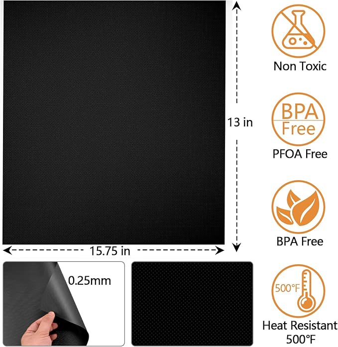 Reusable Grill Mats for Outdoor Grill Set of 6,Heavy Duty Non-Stick BBQ Mats & Oven Liner,Easy to Clean,Works on Gas, Charcoal & Electric Grills - 15.75 x 13 Inch,Black