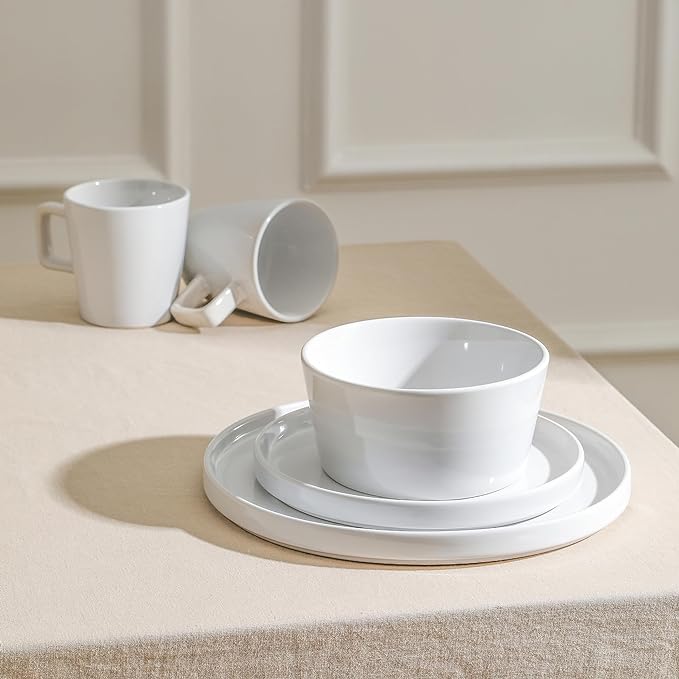 Stone Lain Celina Modern Stoneware 16-Piece Dinnerware Set, Plates and Bowls Set, White Glossy, Dish Set Service For 4