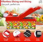 16-in-1 Vegetable Chopper and Slicer with 8 Blades – Veggie Cutter, Dicer, Food Chopper with Container & Lid – Multi-Purpose Kitchen Tool for Easy Meal Prep (Red)