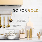 White and Gold Knife Set with Block Self-Sharpening – 14-Piece Titanium Coated Gold and White Kitchen Knives with Ashwood Block and Built-In Sharpener – Luxury Kitchen Accessories, Ideal Gift