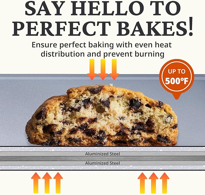 BRONYPRO Non Stick Ceramic Baking Sheet Pan Set of 3, Natural Non Toxic Cookie Sheets for Baking - PFOA, PTFE Free, Aluminized Steel Oven Trays for Cooking with Silicone Handles, Blue Gray