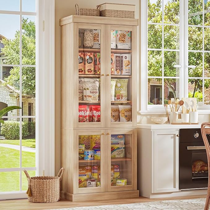 70.8" Bookshelf with Glass Doors, Farmhouse Modular Bookcase with 6-Tier Adjustable Shelves, Large Storage Cabinet for Living Room & Home Office, Set of 3, Brown