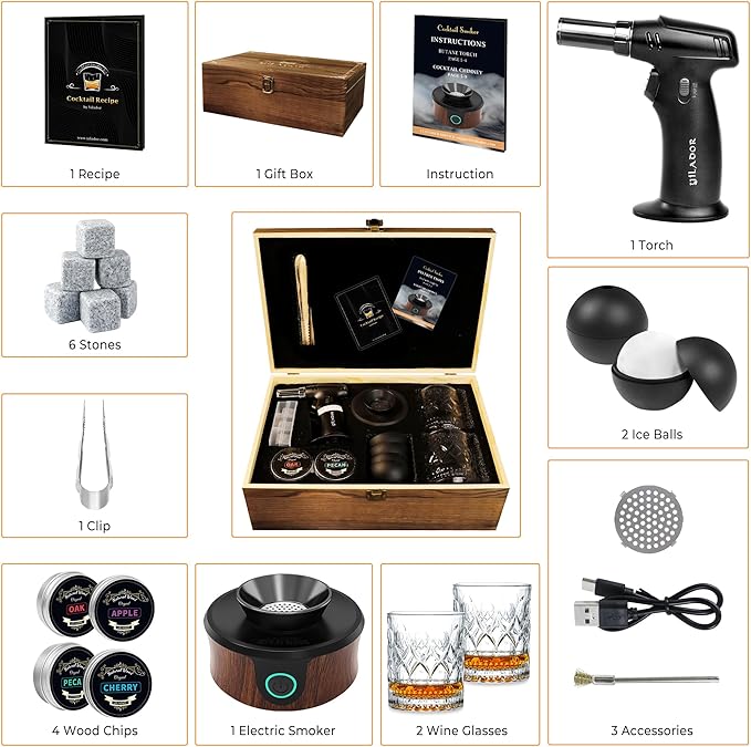 Electric Whiskey Smoker Kit, Luxurious Wooden Box, Heartfelt Father's Day Gifts, with 4 Wood Chips, Torch, Ice Molds, Recipe, Stones, Old Fashioned Bourbon Cocktails Smoker, Gifts for Men (No Butane)