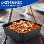 E-far 6 Inch Square Cake Pan Set of 2, Nonstick Small Baking Pan with Stainless Steel Core for Brownies Lasagna Cakes, Non-toxic & Easy Clean, 2 Inch Deep (Black)