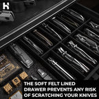 Premium Pocket Knife Display Case for 30 Knives - Large Wooden Knife Organizer, Storage & Holder with Unique Pillars, Hinged Cover, Drawer - Knife Collection Box - Handcrafted for Men
