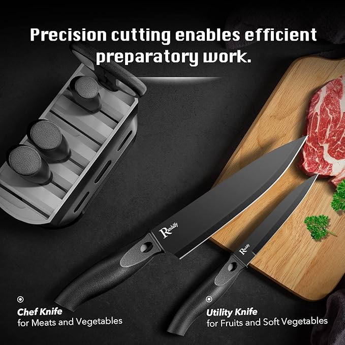 Kitchen Knife Set with Block, 7 Pieces Chef Knives, Scissor, for Meat/Vegetables/Fruits Chopping, Slicing, Dicing&Cutting