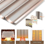 Hesanzol Baguette Pans for Baking 15" x 11", Carbon Steel 3 Loaf Nonstick Baguette Baking Tray for French & Italian Perforated French Bread Pan (2pack - Gold)