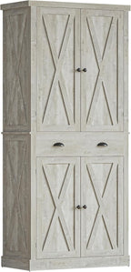 IRONCK Kitchen Pantry Storage Cabinet 72.6" H, with Barn Doors, Drawer, 4 Adjustable Shelves, Freestanding Cupboard for Dining Room Living Room, Laundry, Rustic Maple