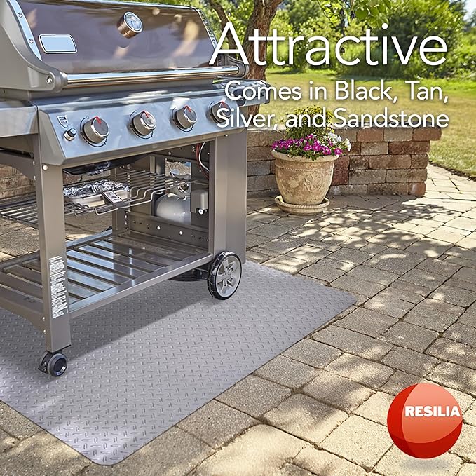 RESILIA Large Under Grill Mat – Heavy Duty, Reusable Outdoor Floor Protector Mats for Deck, Patio, & Garage – 36 Inch x 48 Inch, Silver Diamond Plate, Made in The USA
