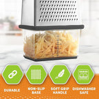 Spring Chef Professional Gray 10" Parmesan Cheese Grater With Container, Stainless Steel & Soft Grip Handle, 4 Sided Kitchen Carrot Shredder, Handheld Box Grater for Potato, Veggie, Ginger, Hashbrown