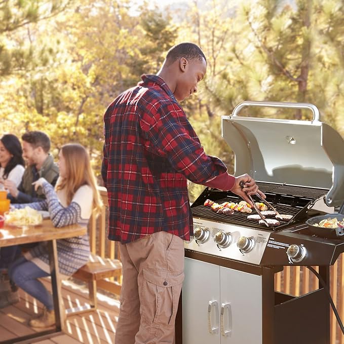 MASTER COOK 4 Burners Gas Grill, 52,000 BTU Cabinet Grill, Propane Grill, with Side Burner, Built with Stainless Steel, Silver&Black