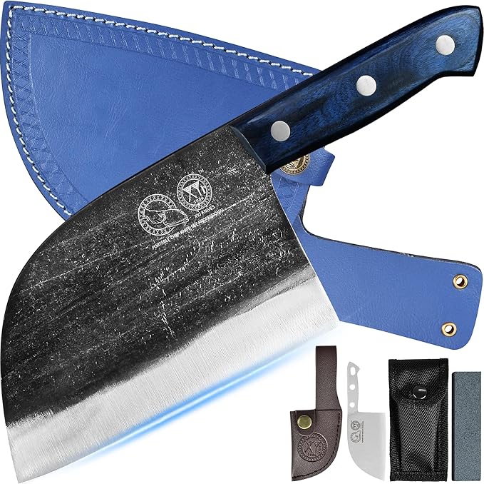 XYJ Antique Forged Butcher Knives, Serbian-Style Chef's Knife with Sheath, Heavy-Duty Meat Cleaver for Kitchen & Outdoor Use, Full Tang Construction