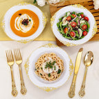 100PCS Gold Plastic Bowls - 12 oz White Disposable Salad Bowls - Heavy Duty Soup Serving Bowl - Fancy Plastic Ice Cream Bowl for Christmas,Thanksgiving Parties, Dinners, Catering, Picnics