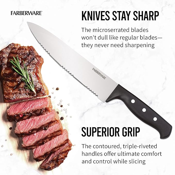 Farberware 22-Piece Never Needs Sharpening Triple Rivet High-Carbon Stainless Steel Knife Block and Kitchen Tool Set, Black, Durable ANDPrecision Cutlery