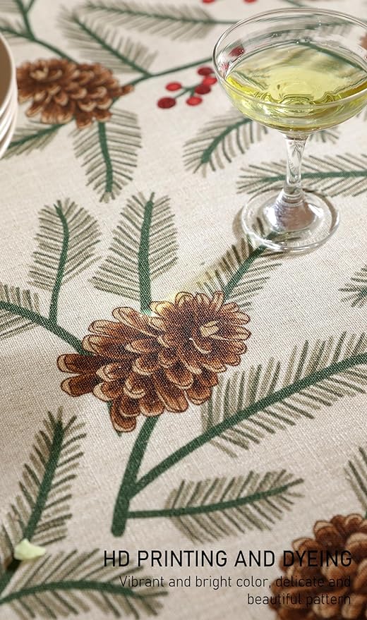 ISAENNE Designer Christmas Beige Linen Long Rectangle Tablecloth,Pinecones Pattern Indoor Table Cloths,Washable Decor Tablecloths for Dining Thanksgiving Kitchen Christmas,63"*102"-Carol B