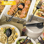 Large Black Serving Utensils Set of 12, E-far Stainless Steel 9.8 Inch Serving Spoons Slotted Spoon, 9.9 Inch Forks, 9.4 Inch Tong for Buffet Catering, Mirror Finish & Dishwasher Safe