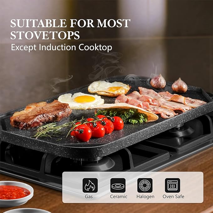 SENSARTE Nonstick Griddle Grill Pan, Pro-Grid Reversible Grill & Griddle Pan, Two Burner Cast Aluminum, Portable for Indoor Stovetop or Outdoor Camping BBQ, 19.5" x 10.7"