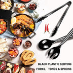 Dualshine 48 Pcs Disposable Black Plastic Serving Utensils,16 Set Including 10" Plastic Serving Spoons, Forks and 9" Tongs for Dinner Parties, Buffets,Banquets, Events, Weddings, and Daily Use