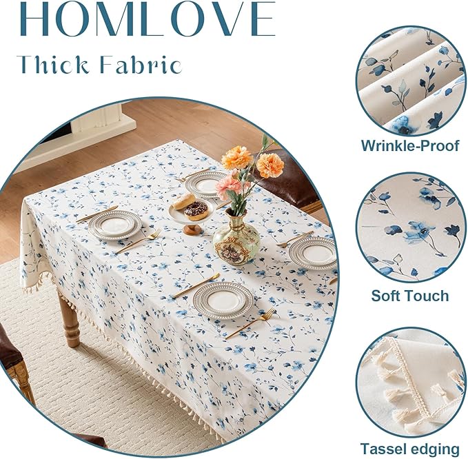 Round Tablecloth Pastoral Style, Waterproof & Stain Resistant Table Cloth Wrinkle Free Table Cover for Dining/Kitchen/Patio, Washable Indoor & Outdoor Use, 55"X55" Blue