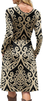 DB MOON Women Casual Long Sleeve Dresses Empire Waist Knee Length Loose Dress with Pockets