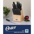 Oster Ginley 18 Piece High Carbon Stainless Steel Cutlery Kitchen Knife Block Set w/ABS Triple Riveted Forged Handle Wood Block - Black - Cuchillos Para Cocina