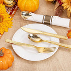 WELLIFE 300PCS Gold Plastic Silverware,Pre Rolled Silverware Set Disposable,Hammer Pattern Design,Plastic Cutlery Includes: 75 Forks, 75 Knives, 75 Spoons, 75 Napkins, Thanksgiving Cutlery
