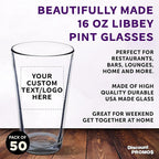 Custom Libbey Pint Glass 16 oz. Set of 50, Personalized Bulk Pack - Beer Glasses, Heavy Duty Drinkware - Clear