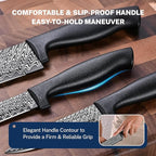 Kitchen Knife Set with Cover 3 Pcs, Black Chef Knife Set for Cooking, Sharp Kitchen Knives with Sheath, 8'' Chef Knife, 5'' Utility, 3.5'' Paring, Damascus Pattern Kitchen Knife for Cutting