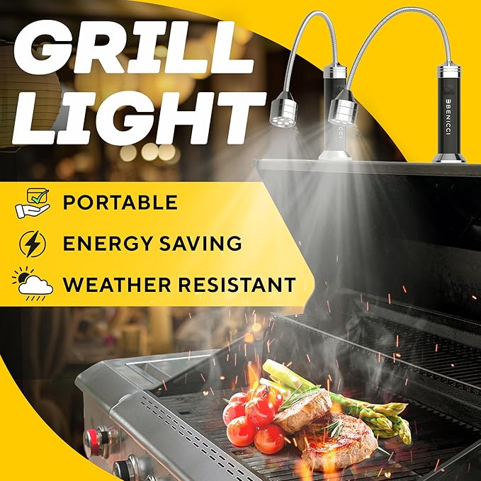 Flexible LED BBQ Grill Lights Set of 2 - Perfect Grilling Accessories Light with 360-Degree Magnetic Base and Extra Long Gooseneck - 100% Portable Outdoor Lamp w/ 6 Batteries Included