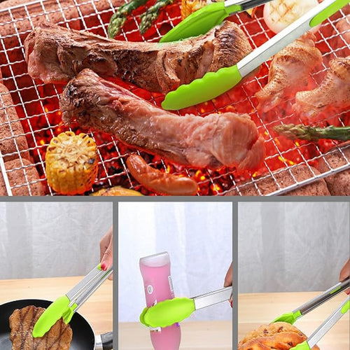 2-Pack of 9" (Small) & 12" (Large) Kitchen Tongs Set: Non-Stick Silicone-Stainless Steel Cooking Tongs, BPA Free, Heat Resistant (480°F) - Non-Slip Grip & Locking Metal Food Tongs (Green)
