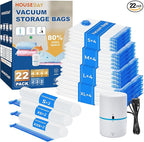 HOUSE DAY 22 Pack Vacuum Seal Bags For Clothing Travel, Vacuum Bags With Electric Pump, Vacuum Sealer Bag for Clothes, Comforters, Blankets, Pillows, Moving (4XL/4L/4M/4S/2S Roll/2XS Roll/2XXS Roll)