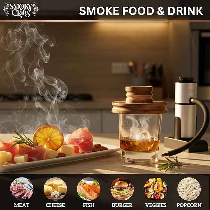 Acacia Whiskey Smoker Kit with Smoking Gun and Wood Chips (Apple & Cherry) - Drink Smoker Kit - Cocktail Smoke Set - Whiskey Gifts for Men