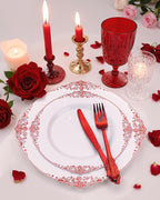 Nervure 350PCS Red Plastic Plates - White Red Plastic Dinnerware Set for 50 Guests - 100 Red Disposable Plates, 50 Pre Rolled Cutlery Set, 50 Cups Perfect for Wedding, Party & Christmas