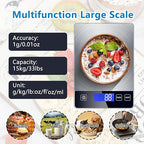Food Scale, 33lb Digital Kitchen Scale Weight Grams and oz for Cooking Baking, 1g/0.1oz Precise Graduation, Stainless Steel and Tempered Glass