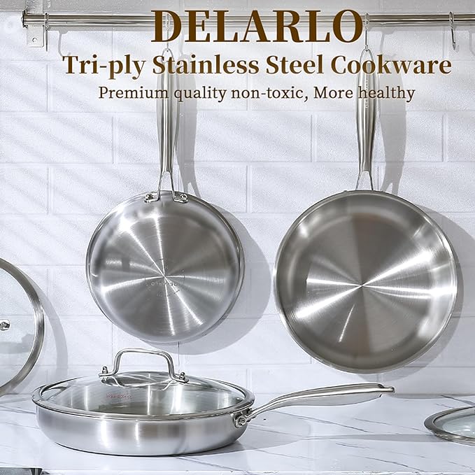 DELARLO Stainless Steel Pan丨10 Inch Skillet with Lid丨Oven Safe Up to 600℉丨Triply Stainless Steel Cookware丨Stainless Steel Pan 10 in丨Induction Compatible丨Fast Even Heat丨Large Cooking Surface